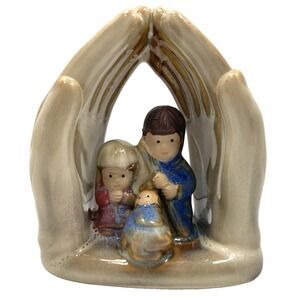 Protective Hands Praying Nativity Glazed Ceramic Joseph Mary Baby‎ Jesus 4"